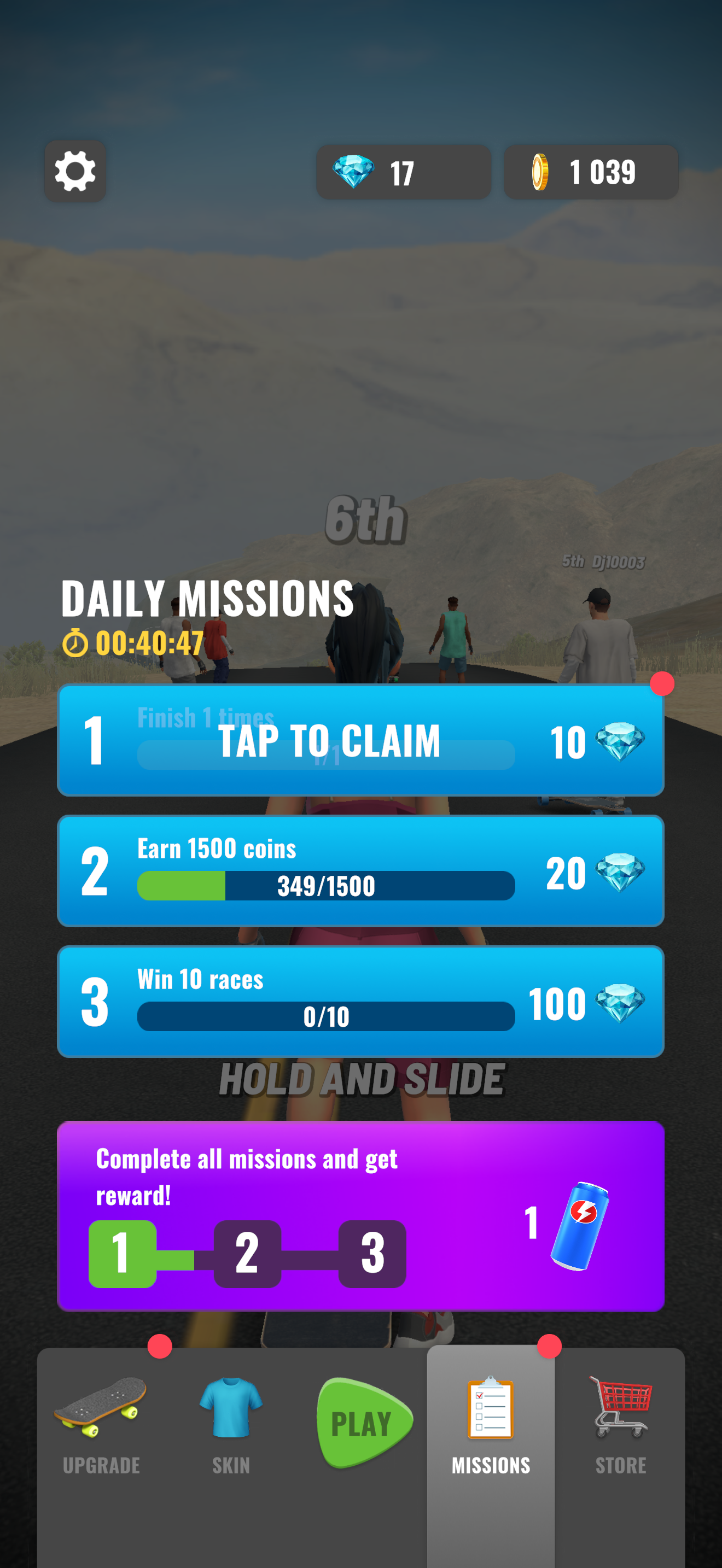 Skater daily missions screen with objectives, progress and claim rewards