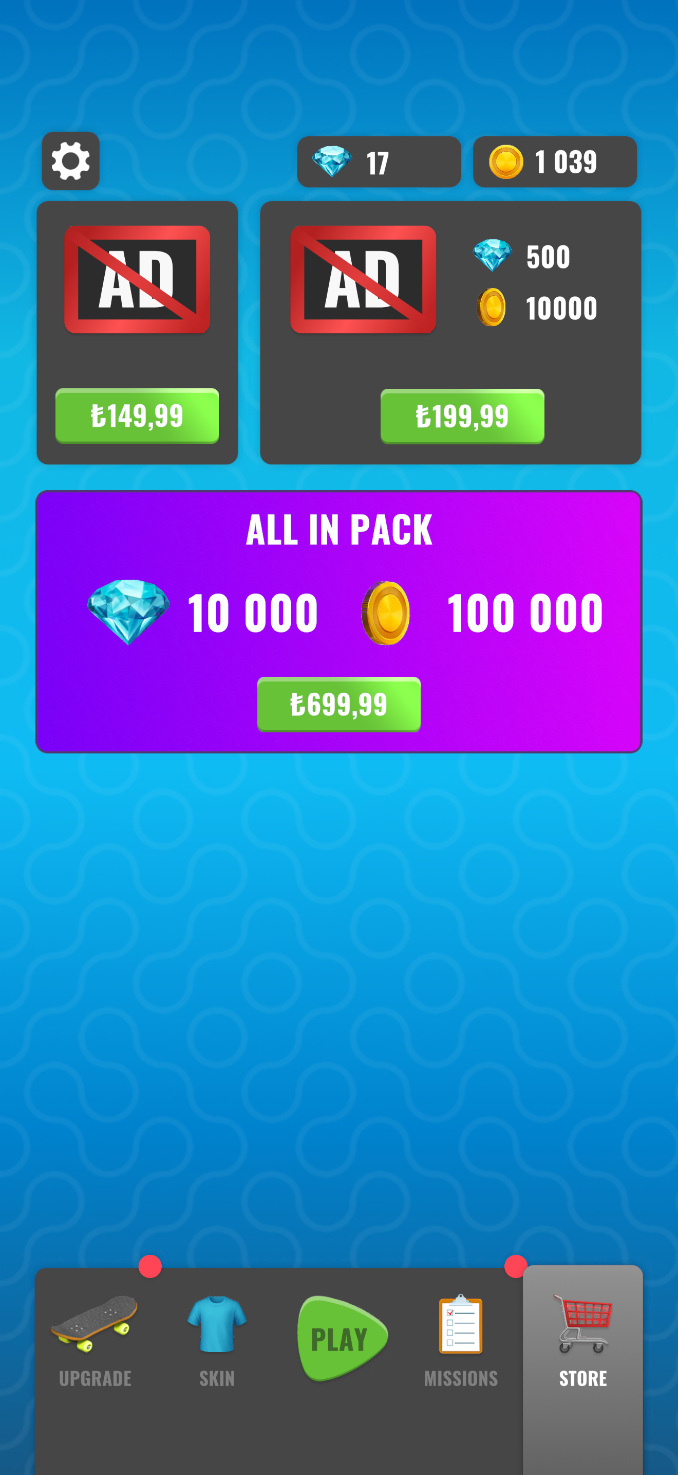 Skater store screen with currency and resource purchase options