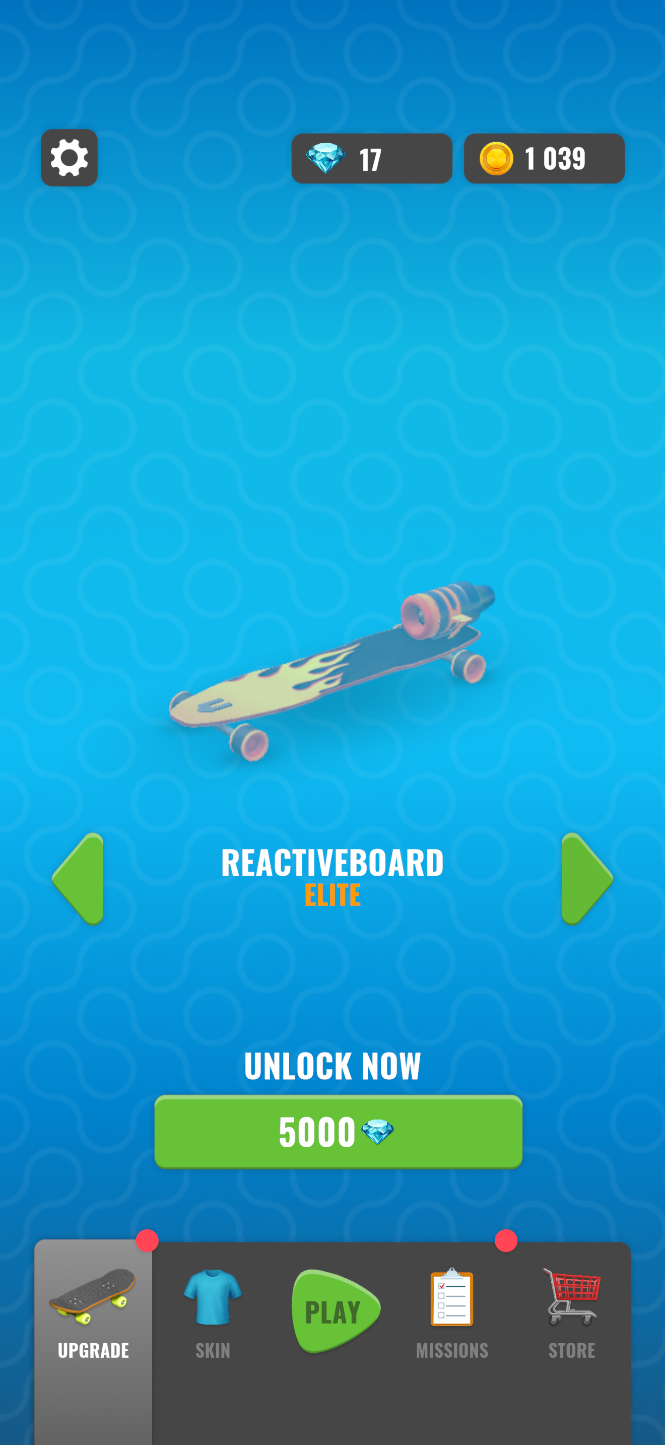Skater board progression screen showing an unlock cost and availability