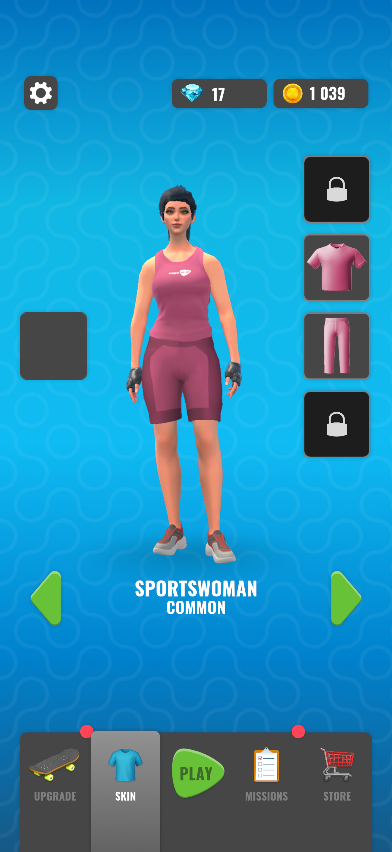 Skater character customization screen with available and locked clothing